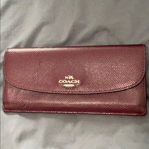 Burgundy silver slim long wallet coach